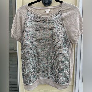 J. Crew Beige Short-Sleeve Tweed Front Top with Mint Accents